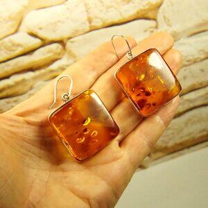 Huge Square Amber Dangle Earrings - Amber And 925 Silver - Rare Gift For Her